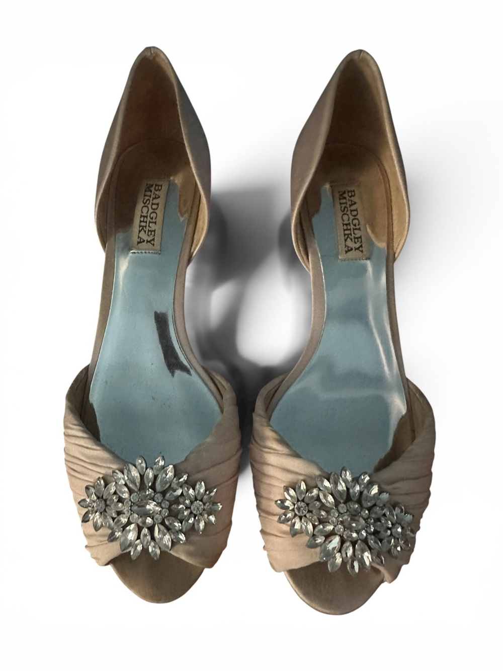 Badgley Mischka Champagne Satin Jeweled Peep-Toe Heels US 8